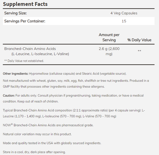 NOW Sports - Branched Chain Amino Acids 800 МГ - 120 Капсули