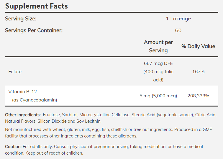 NOW - Vitamin B-12 5000 mcg + Folic Acid - 60 дражета