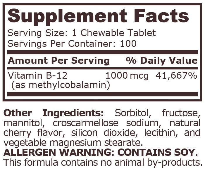 Pure Nutrition - METHYL B-12 1000 mcg CHERRY FLAVOR - 100 Chewable Tablets